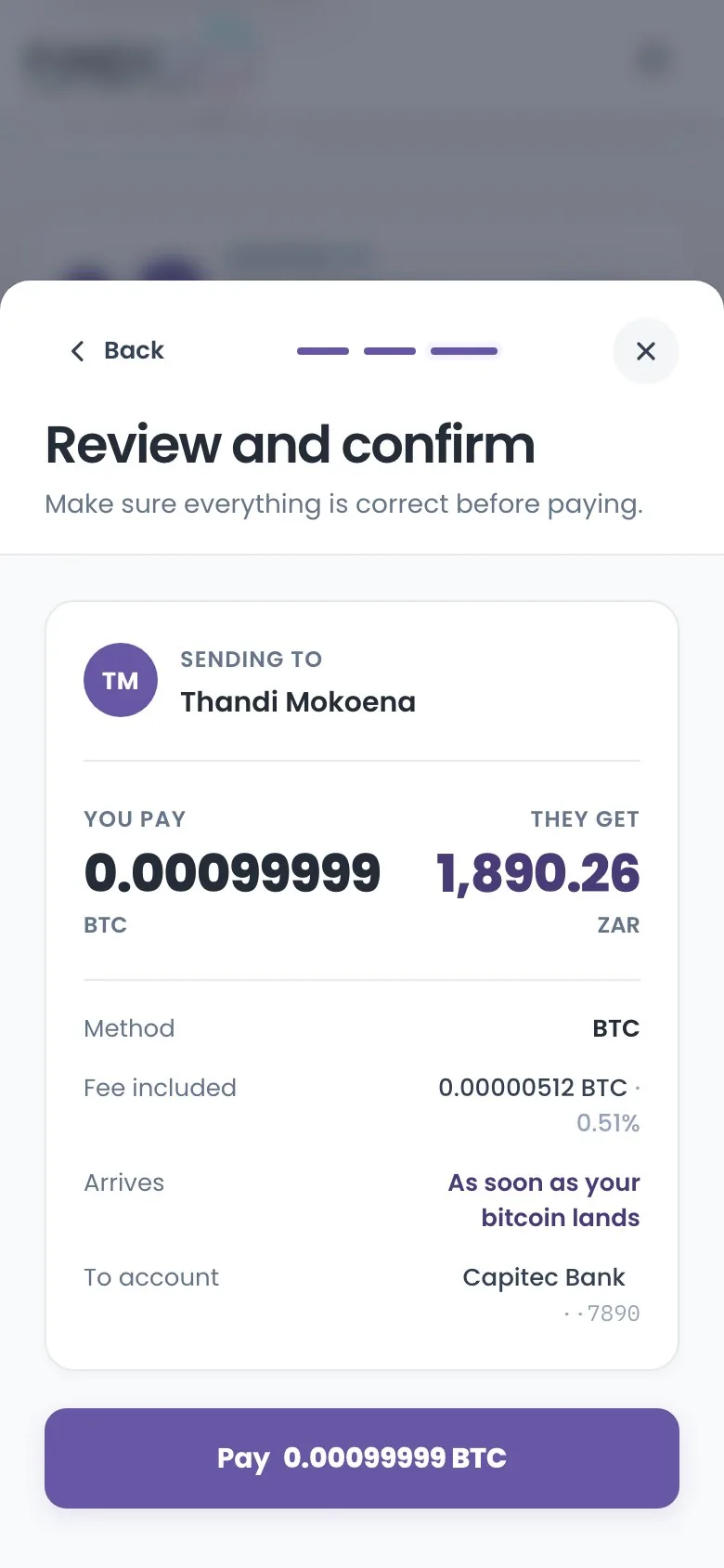 Review and confirm sheet showing what you pay in bitcoin, what they get in rand, the fee, the rate and the recipient's bank account ending 7890.