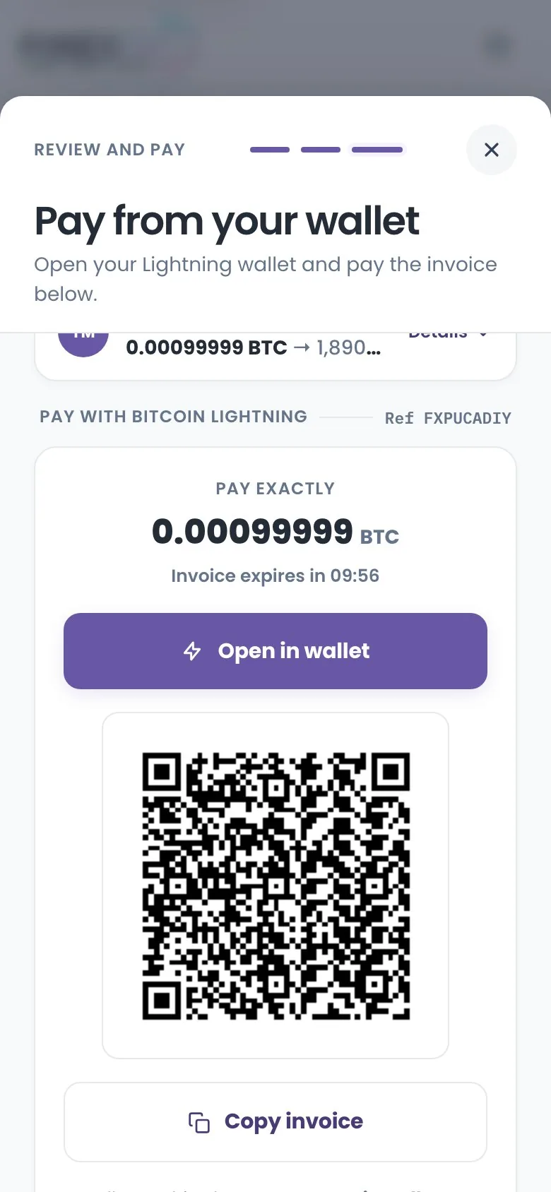 Pay from your wallet sheet. Pay exactly 0.00099999 BTC, invoice expires in 9:56, an Open in wallet button and a QR code.