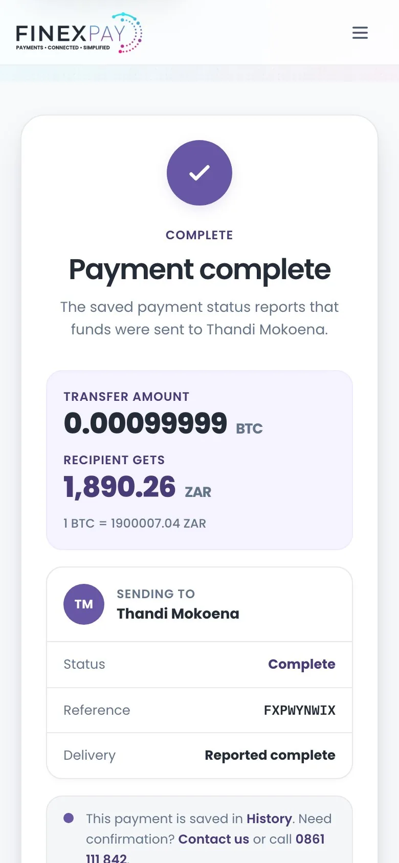 Payment complete receipt with the amounts, the recipient and a Finex Pay reference.