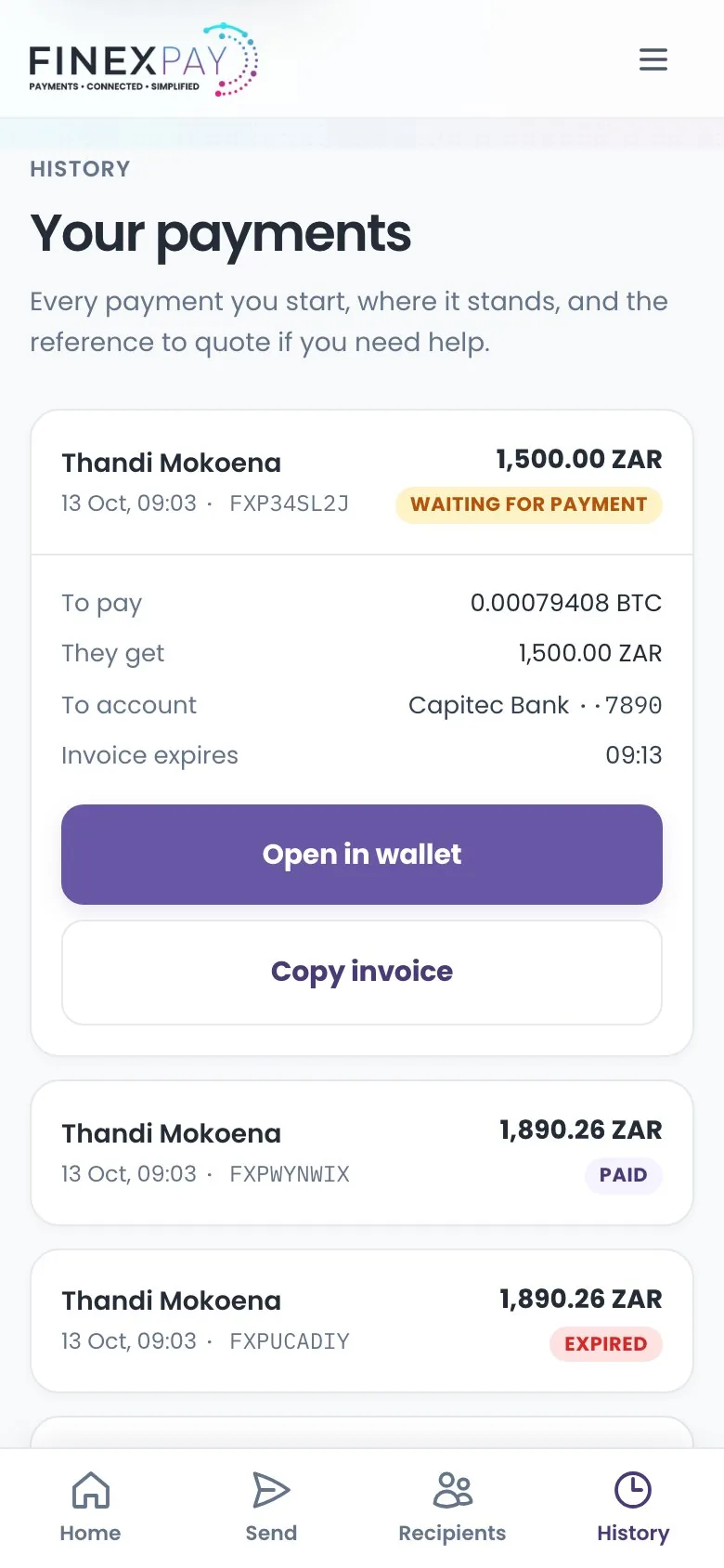 History screen listing payments with their amount, state and reference, one waiting for payment and opened.