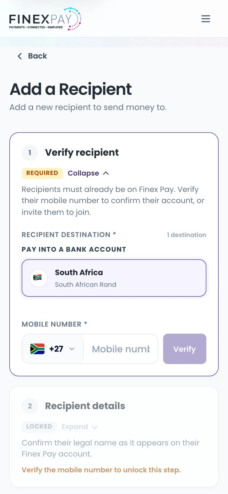 Add a recipient screen with South Africa as the destination and the recipient's mobile number to verify.