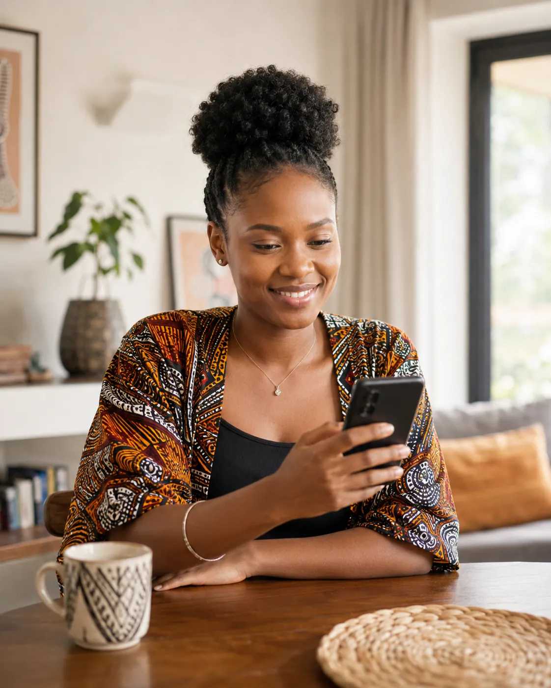 A woman at her kitchen table smiles as she checks her phone.