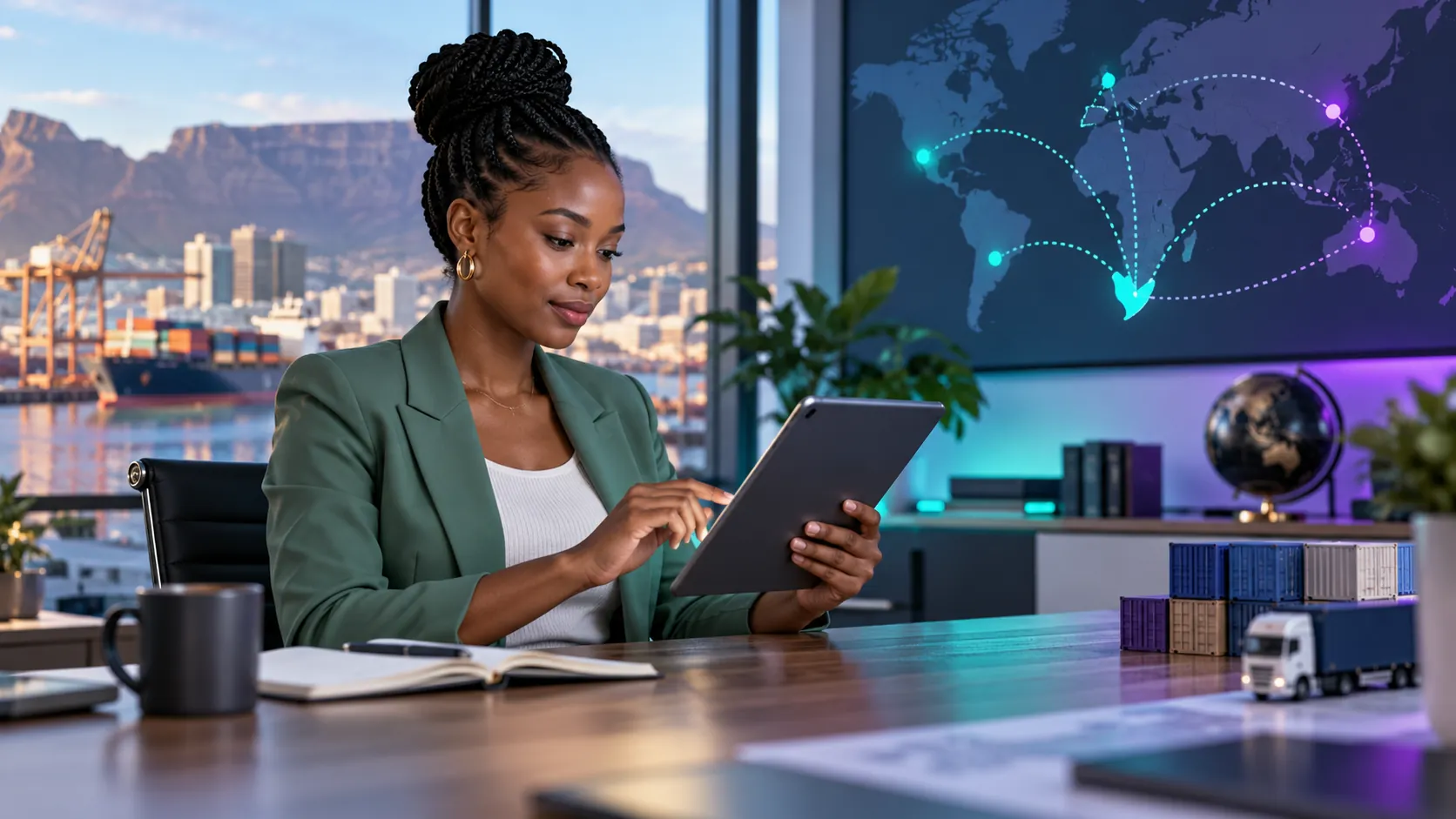 A South African exporter reviews a payment on her tablet, with the Cape Town harbour behind her.