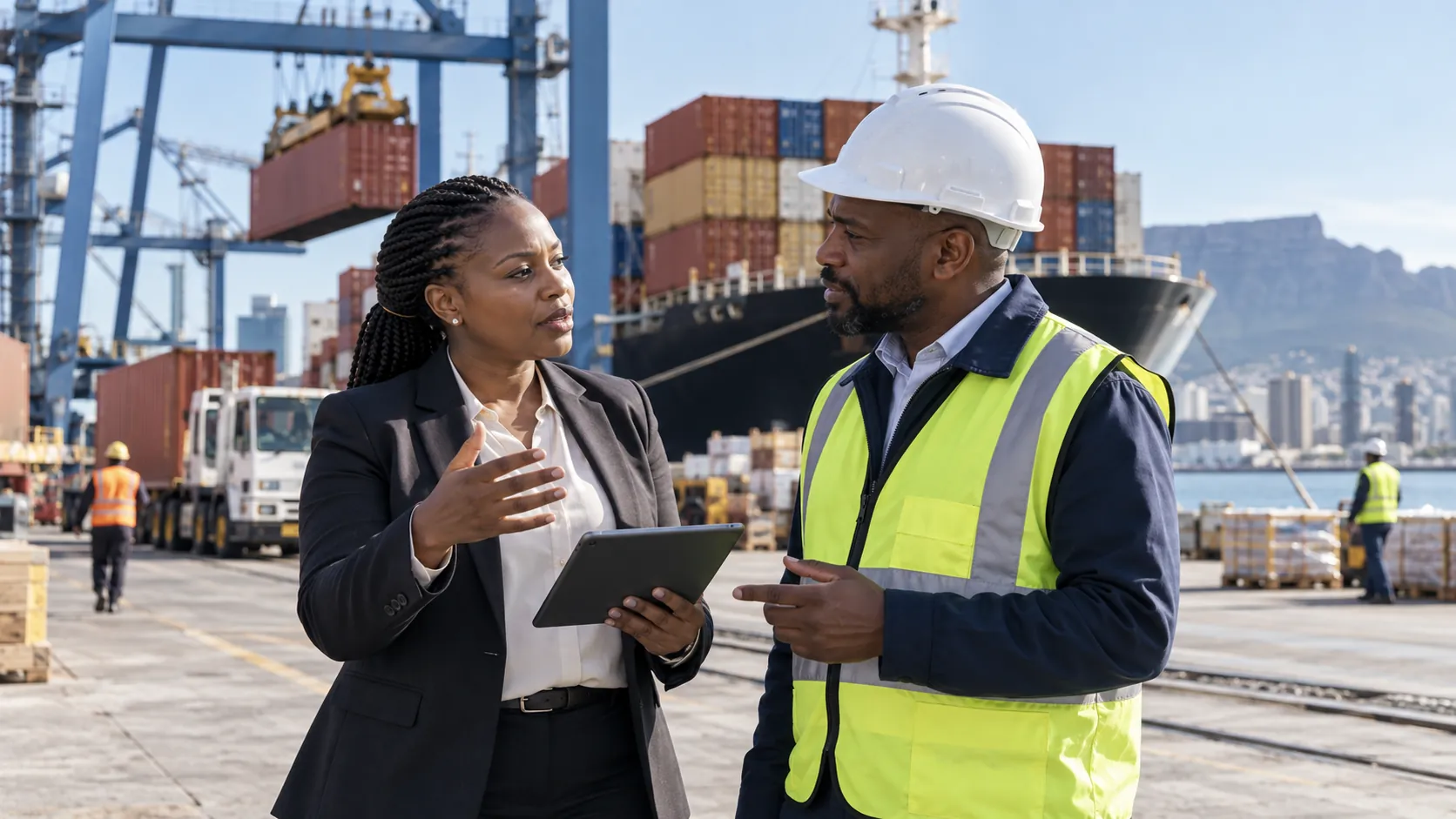 Two people talk through a shipment at the Cape Town container port, one holding a tablet.